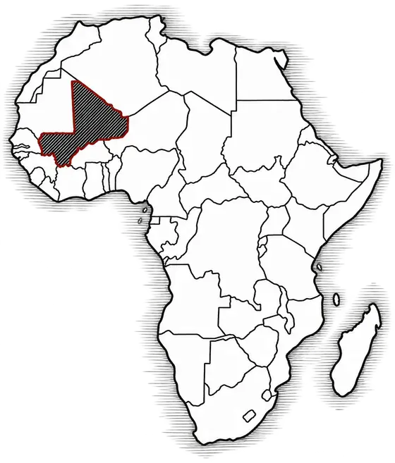 Carte de l'Afrique : le Mali hachuré, avec Melga à l'ouest